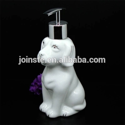 Customized white dog shape ceramic lotion pump bottle liquid container