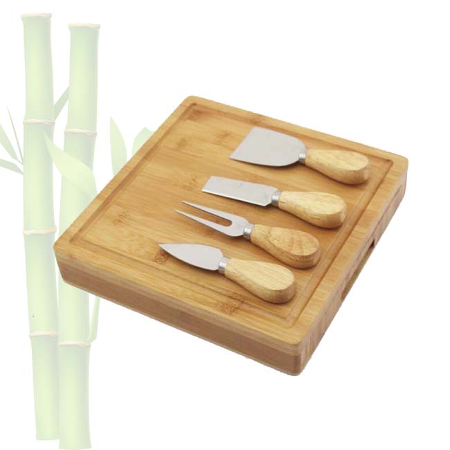 Bamboo Cheese Board Set With 4 x Cheese Knives Cutlery in Slide Drawer PLUS FREE Gift – 4 Piece Wine Coaster Set