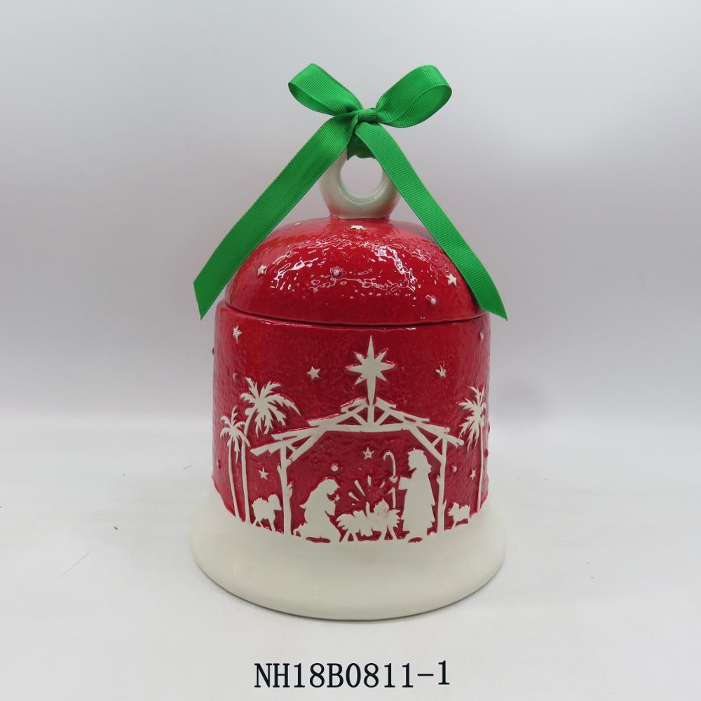 Decorative mini ceramic christmas Jingle Bell shape honey cookies storage jar with lid