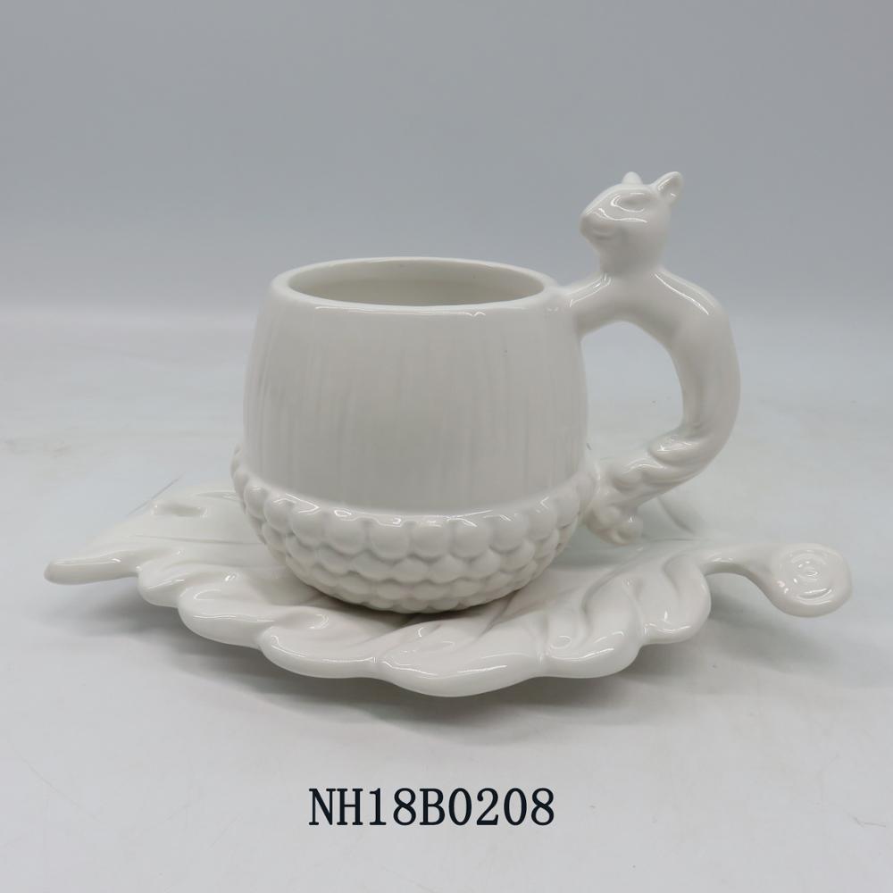 Ceramic Coffee Single Espresso Cup and Saucer- Squirrel Pinecone Nut Leaf,Acorn