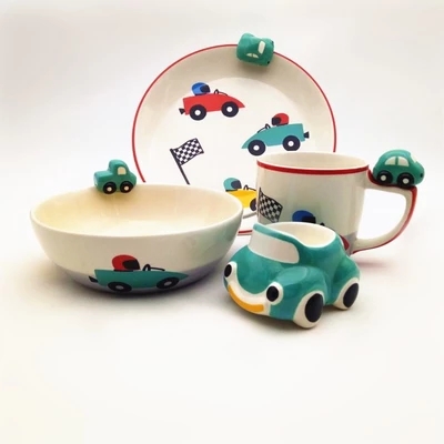 Custom car painting ceramic bowl,ceramic plate, mug and egg holder tableware set of 4