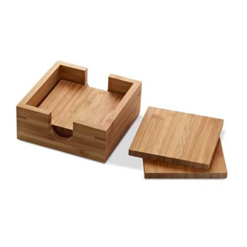 Bamboo 4 Pieces Square Coasters set cup mat with Holder 4.25*4.25inches