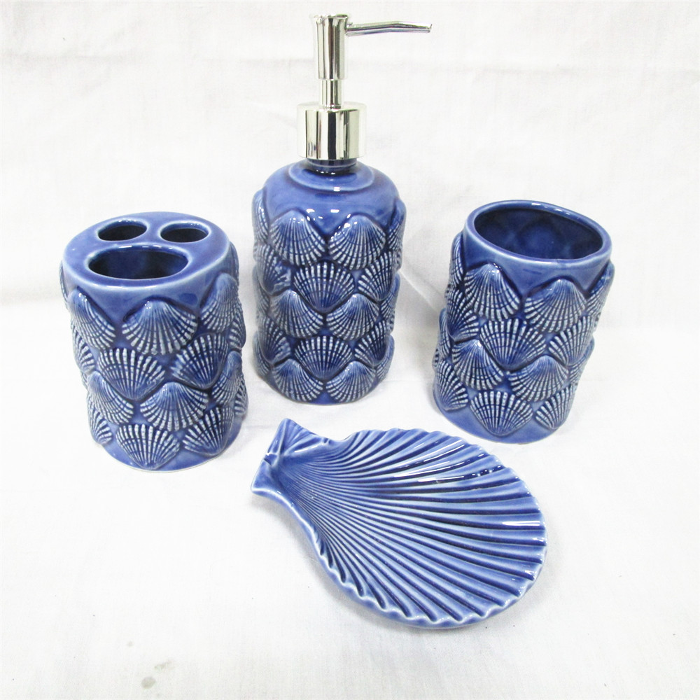 Seashell ceramic bathroom set  custom ceramic bath soap dispenser  toothbrush holder  tumbler and soap dishes