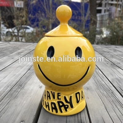 Customized yellow smile face ceramic cookie jar candy jar biscuit jar