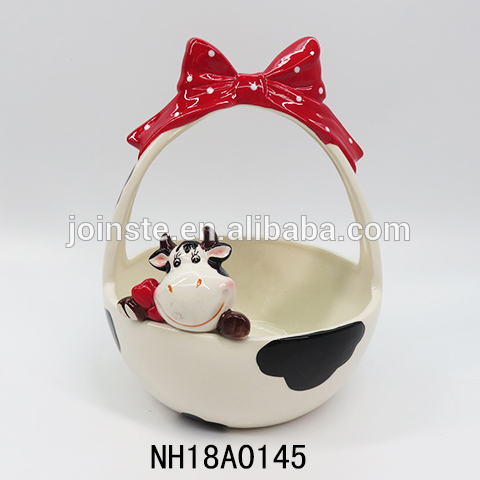 Cute small ceramic cow gift basket with bow knot
