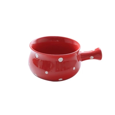 Custom red color white dot ceramic bowl with handle salad bowl tableware