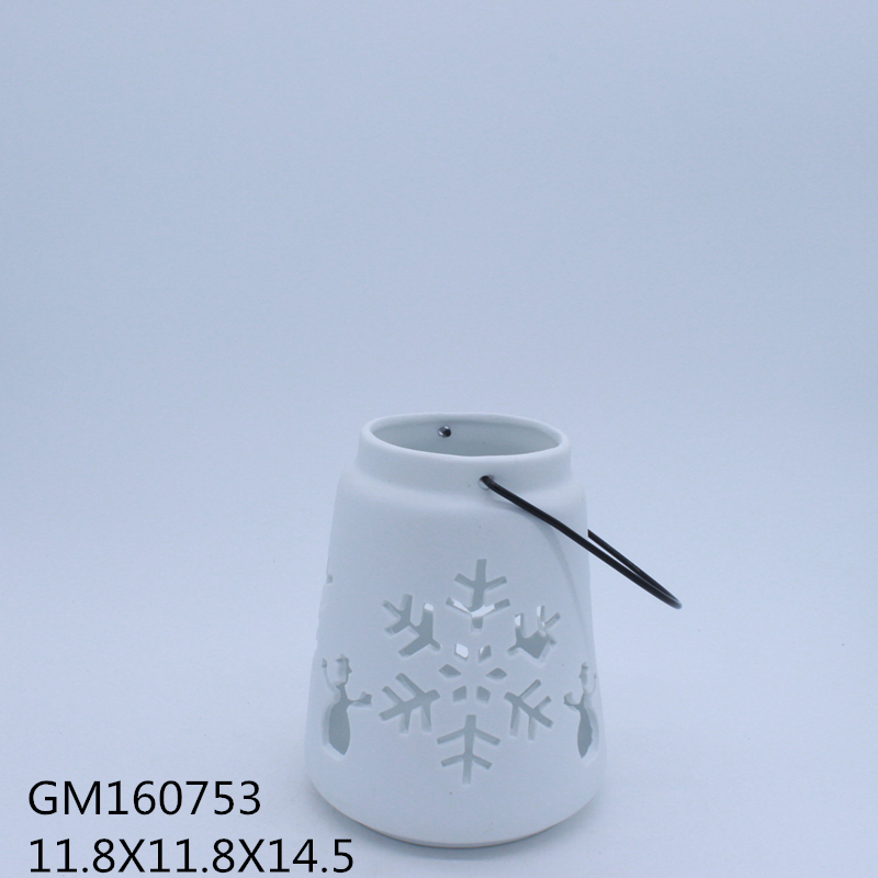 Ceramic lantern candle holder, White Snowflake pattern