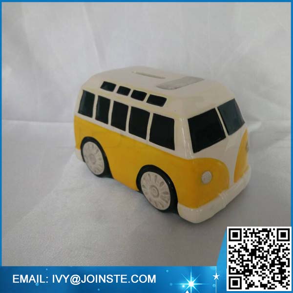 Custom ceramic coin bank , yellow bus shape coin bank money bank