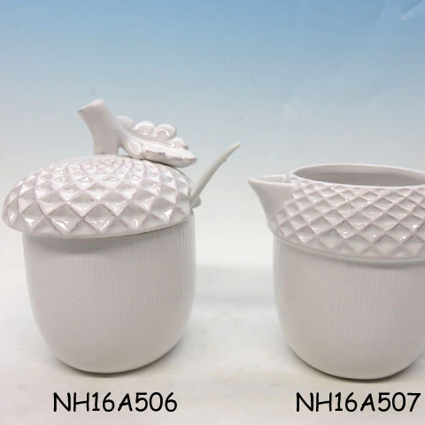 Pine Cones Acorns Pattern Golden Leaves Edge Ceramic Creamer and Sugar Bowl set