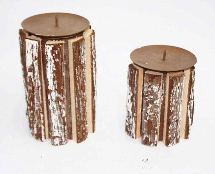 Natural pine wood votive candle holders with snow