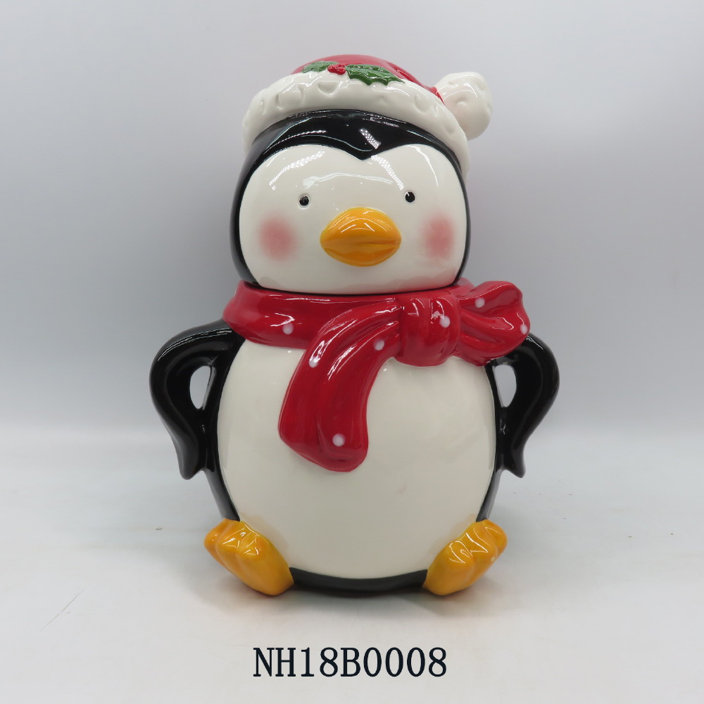 Hands on waist penguin rec food jar,Funny Cookie Jar,Ceramic christmas penguin cookie jar