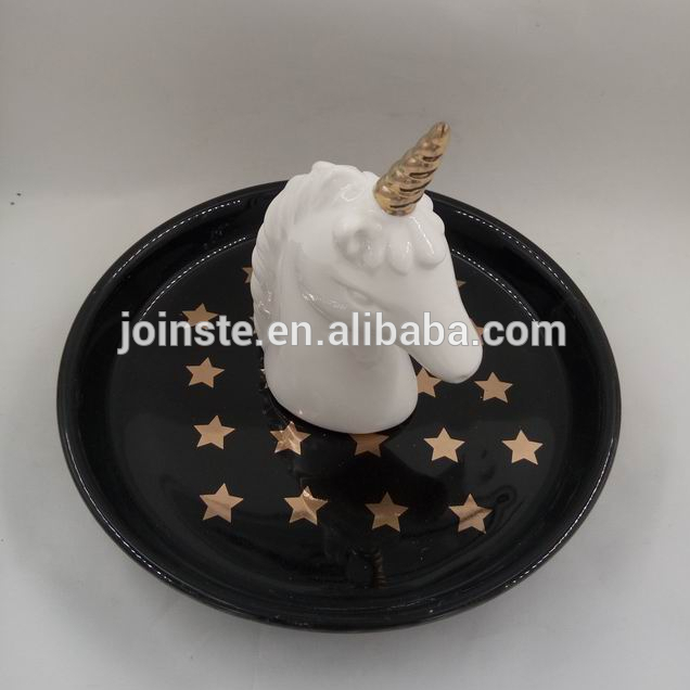 Custom ceramic black plate white unicorn shape jewellery tray ring holder