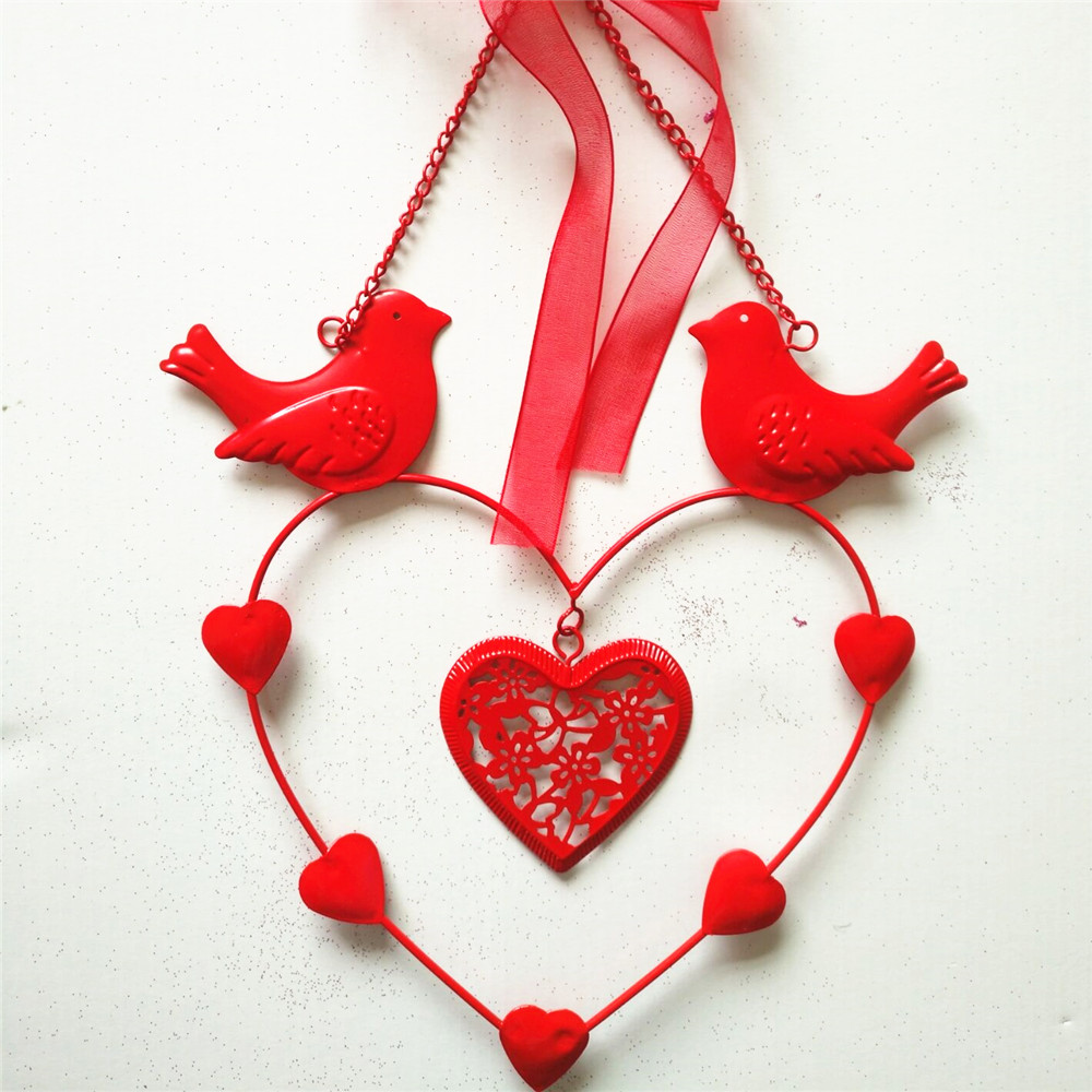 Red iron heart ornaments, home wall decor hanging ornament with bird