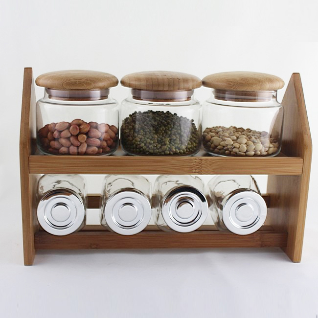 Bamboo spice rack Organizer with Salt Pepper Bottle Seasoning Jar Condiment Storage Container