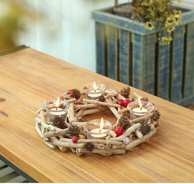 Natural primitive driftwood twigs wreath design candle holders with glass