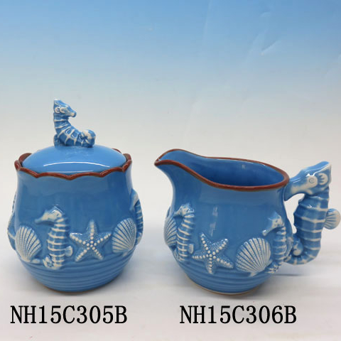3d Ceramic Seahorse Seashell Starfish Creamer set; Sugar Jar Canister Holder