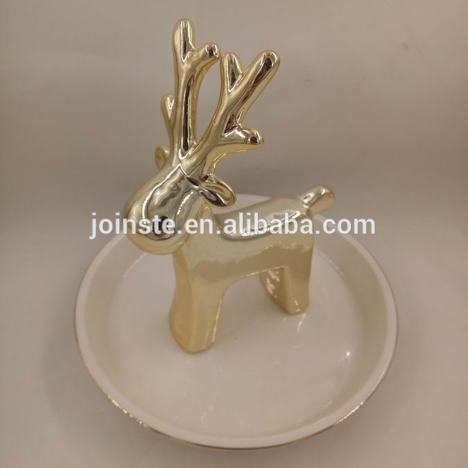 Custom ceramic golden deer shape jewellery tray ceramic ring holder