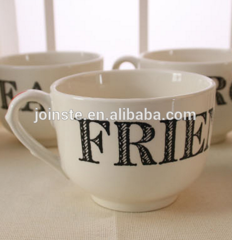 Custom white letter painting ceramic salad bowl soup bowl with handle