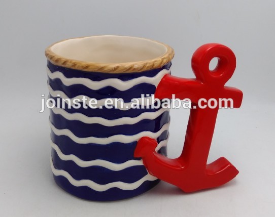 Wave painting ceramic coffee mug  red handle