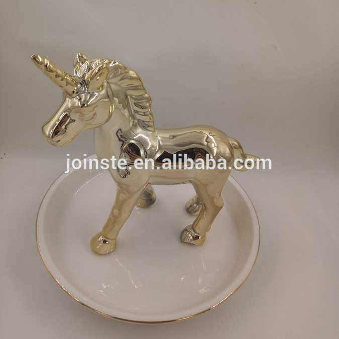 Custom ceramic white plate golden color unicorn jewellery tray home decoration