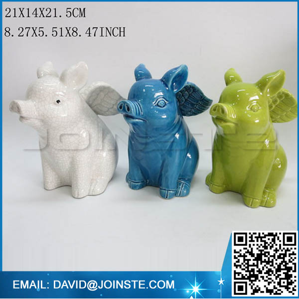 Ceramic pig figurine flying pig sculpture for 3 colors-white, blue, green