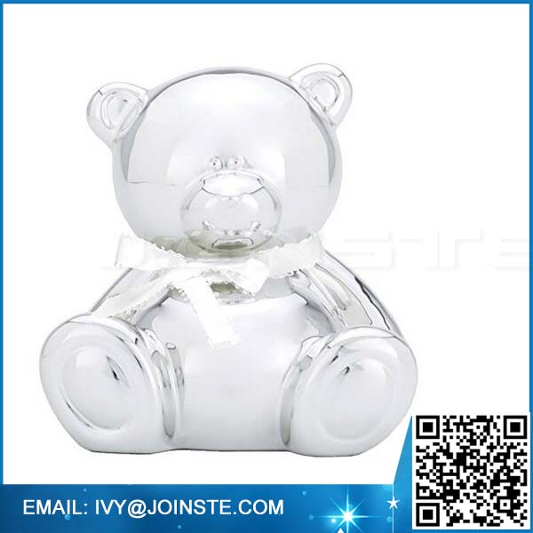 Custom teddy bear shaped money box , ceramic glazed animal moneybox electroplate money bank