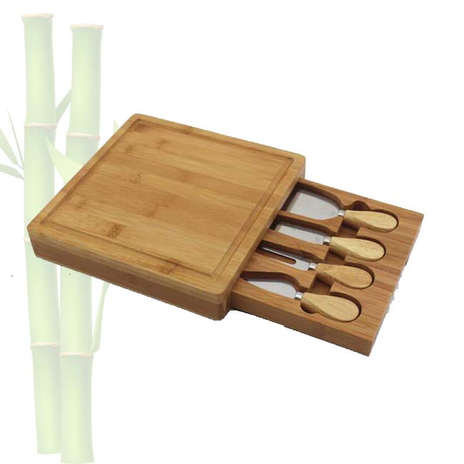 Bamboo Cheese Board Set With Cutlery In Slide-Out Drawer Including 4 Stainless Steel Knife and Serving Utensils