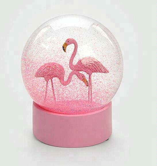 Pair of flamingo snowglobes 80mm with pink base