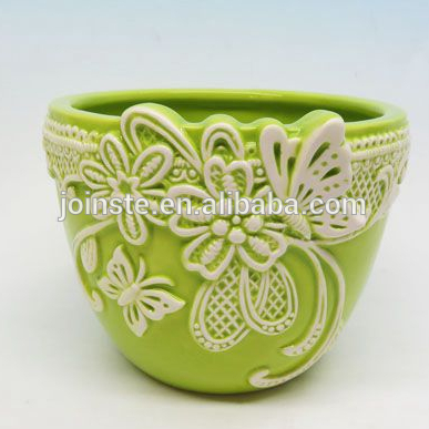 Custom green 3d flower hand painting ceramic bowl fruit bowl
