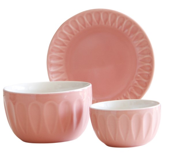 Custom cheap pink color ceramic bowl ceramic plate set of 3
