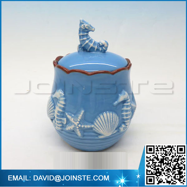 Blue color ceramic sea horse sugar jar with lid