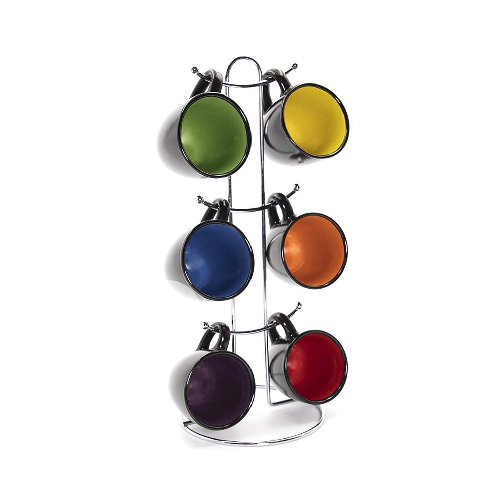 Gypsy Color Espresso Hanging Coffee Mug Set with Metal Tree, Black Multicolor Hand Glazed Ceramic Stoneware