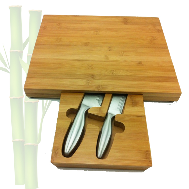 Bamboo Cheese Board with 4 Pieces Knife Set and Slide Out Drawer