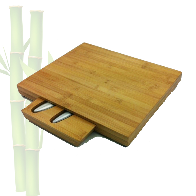 Bamboo Cheese Set with Hidden Slide-out Drawer and 4 Piece Cutlery Set , Square Wooden Platter and Serving Tray with Non Slip