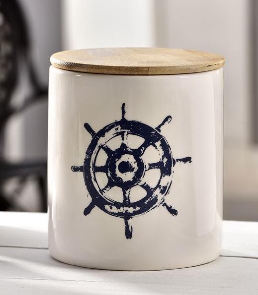 Ceramic canister with bamboo lid and ship wheel decal