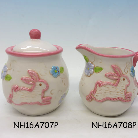 3d Ceramic  Bunny Rabbits Creamer Cream & Sugar Jar Canister Holder