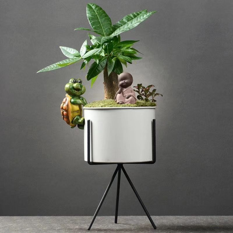 Novel design metal iron wrought stand with ceramic succulent plants pot for home and garden decoration