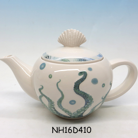 Customized white color blue seaspeciese painting modern ceramic teapot
