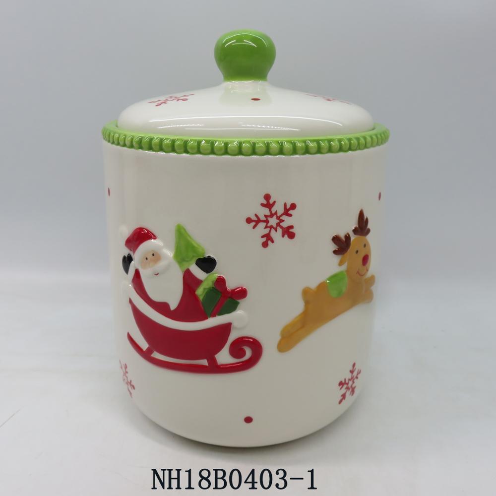 Lovely ceramic Christmas candy jar with santa and deer painted honey pot