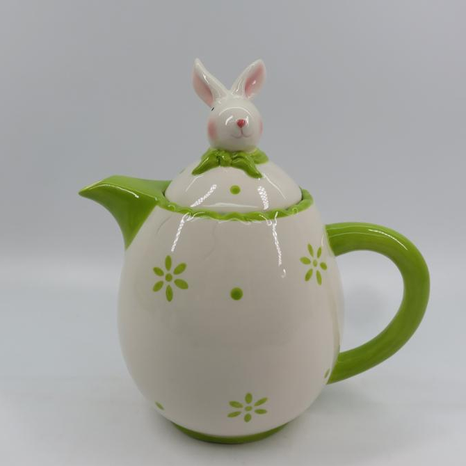 Customized cheap white color green painting ceramic teapot with bunny lid
