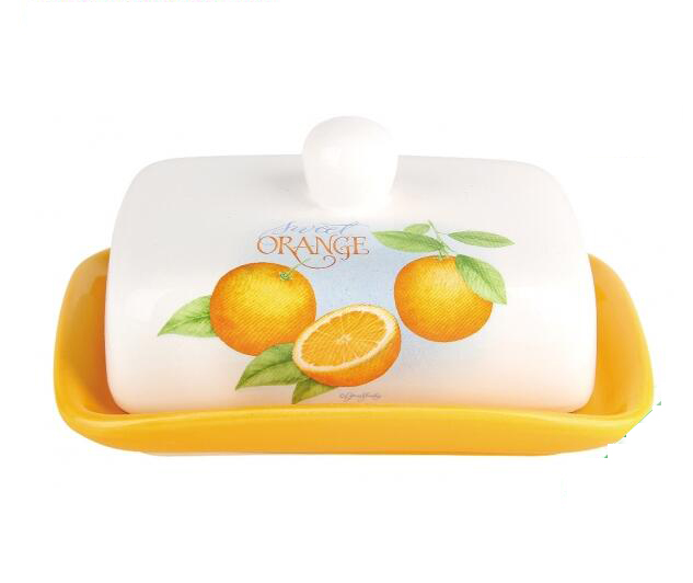 Stoneware pencake dishes with lid and  orange decal