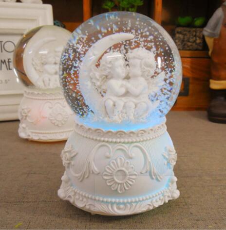 White base large angel glass snowglobes 100mm with light