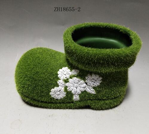 Green flocking ceramic boot shape flower pot