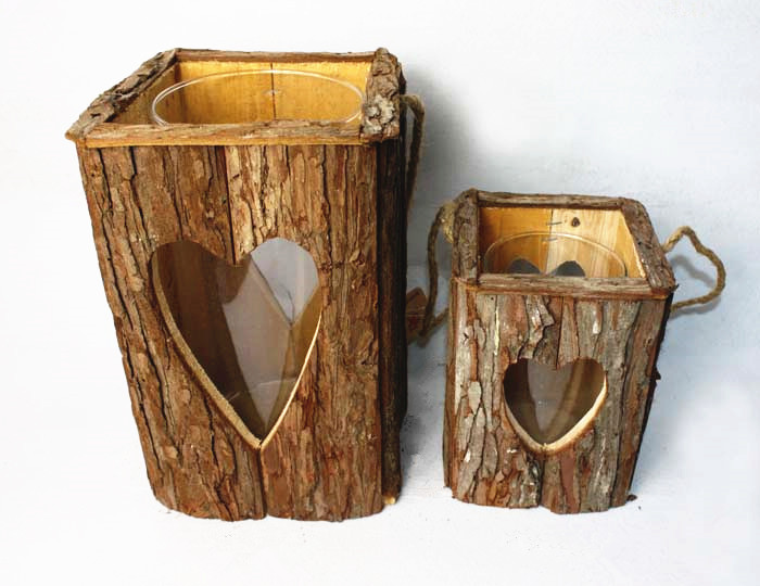 Wooden tree bark heart carved hurricane lantern