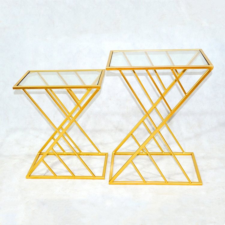 Golden  iron metal end table customized balcony living room glass top square coffee table