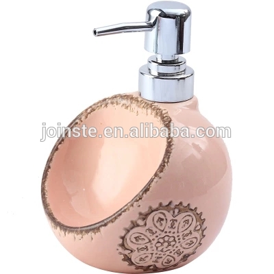 Customized pink round ceramic lotion pump bottle liquid soap dispenser with soap holder
