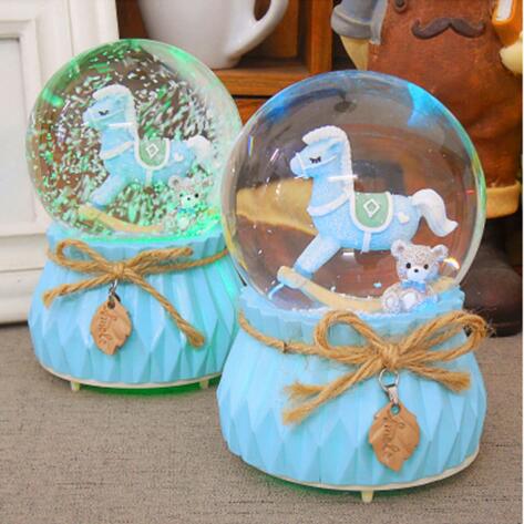 Blue horse glass glitter snowglobes 80mm with light