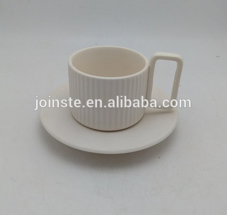 Customized mini solid relief stripe white ceramic tea mug with tray