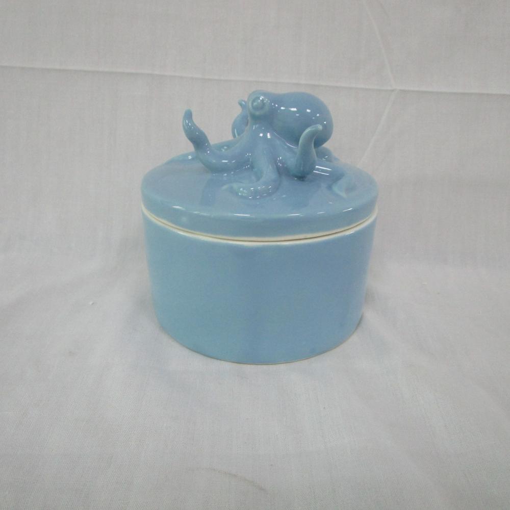 Silver Plated Octopus on Blue Textured Ceramic Lidded Trinket Jar 5 Inch