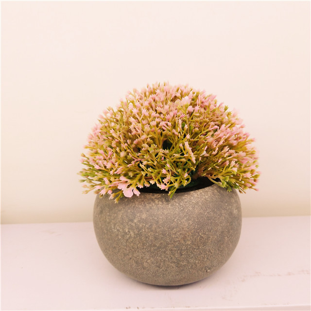 Artificial Plastic Mini Plants Unique  Green Grass Flower in Gray Pot for Home Decor Set of 3